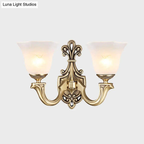 Traditional Frosted Glass Wall Mounted Lamp With Gold Finish - Inverted Bell Design And Curved Arm