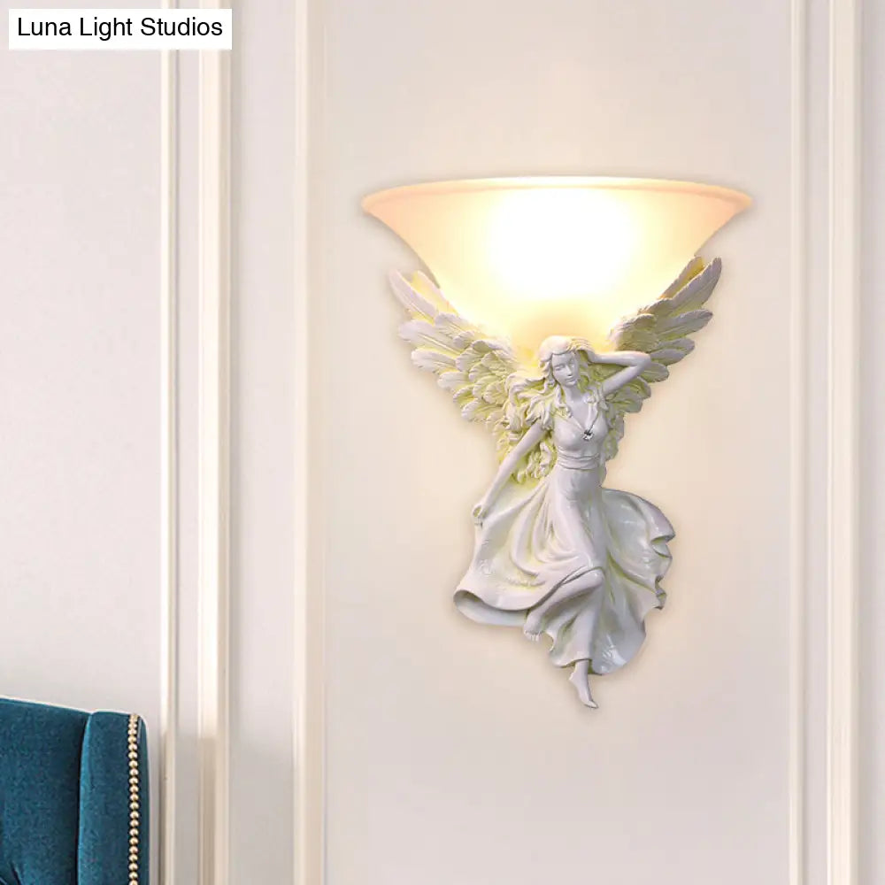 Traditional Frosted Glass Wall Sconce With Angel Backplate In White/Gold - 1 Bulb