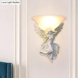 Traditional Frosted Glass Wall Sconce With Angel Backplate In White/Gold - 1 Bulb