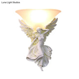 Traditional Frosted Glass Wall Sconce With Angel Backplate In White/Gold - 1 Bulb