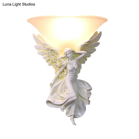 Traditional Frosted Glass Wall Sconce With Angel Backplate In White/Gold - 1 Bulb
