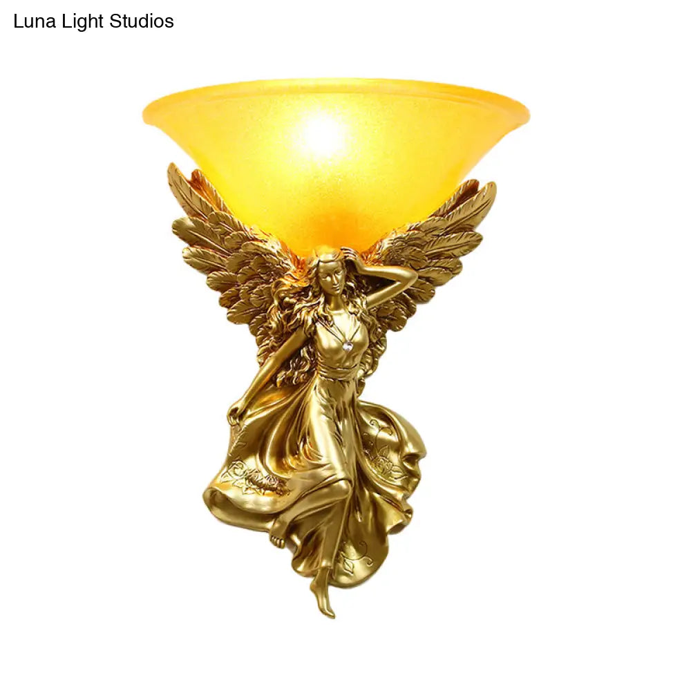 Traditional Frosted Glass Wall Sconce With Angel Backplate In White/Gold - 1 Bulb