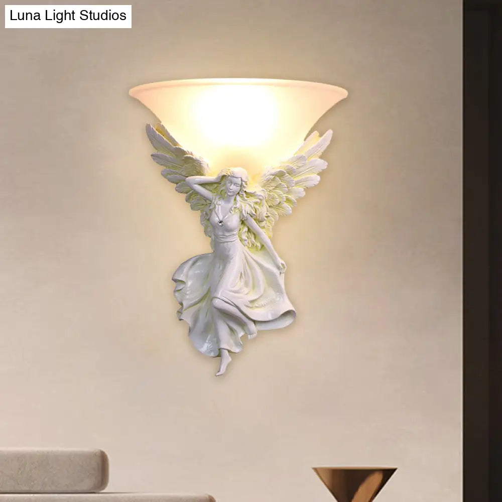 Traditional Frosted Glass Wall Sconce With Angel Backplate In White/Gold - 1 Bulb