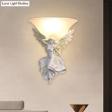 Traditional Frosted Glass Wall Sconce With Angel Backplate In White/Gold - 1 Bulb