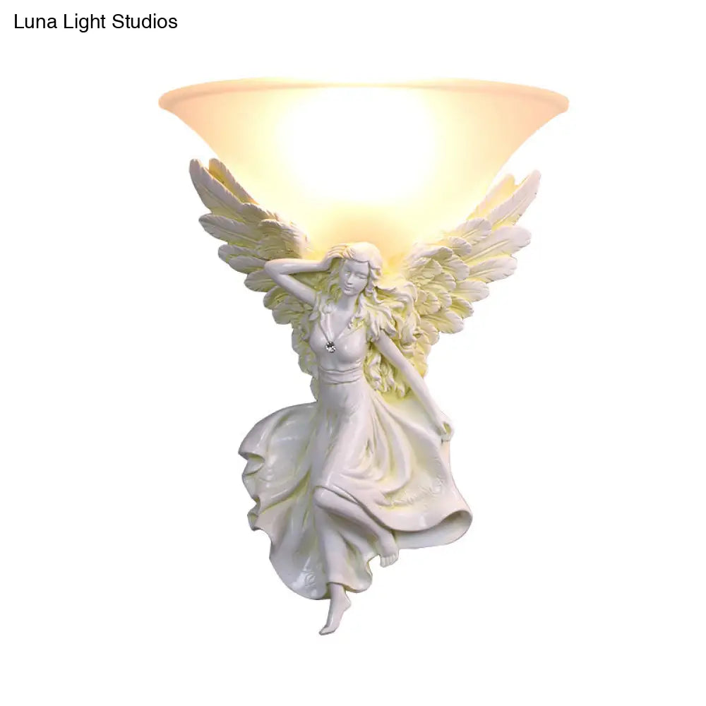 Traditional Frosted Glass Wall Sconce With Angel Backplate In White/Gold - 1 Bulb