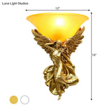 Traditional Frosted Glass Wall Sconce With Angel Backplate In White/Gold - 1 Bulb