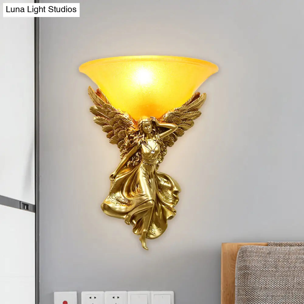 Traditional Frosted Glass Wall Sconce With Angel Backplate In White/Gold - 1 Bulb