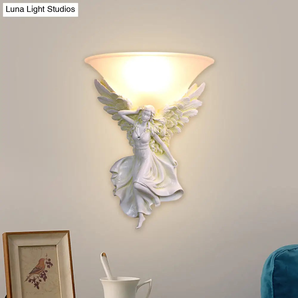 Traditional Frosted Glass Wall Sconce With Angel Backplate In White/Gold - 1 Bulb