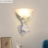 Traditional Frosted Glass Wall Sconce With Angel Backplate In White/Gold - 1 Bulb