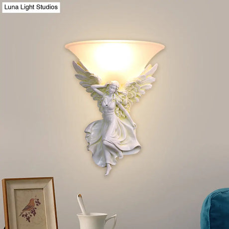 Traditional Frosted Glass Wall Sconce With Angel Backplate In White/Gold - 1 Bulb