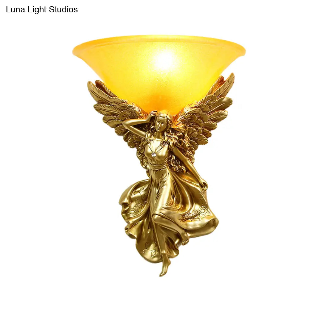 Traditional Frosted Glass Wall Sconce With Angel Backplate In White/Gold - 1 Bulb
