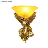 Traditional Frosted Glass Wall Sconce With Angel Backplate In White/Gold - 1 Bulb