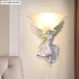 Traditional Frosted Glass Wall Sconce With Angel Backplate In White/Gold - 1 Bulb
