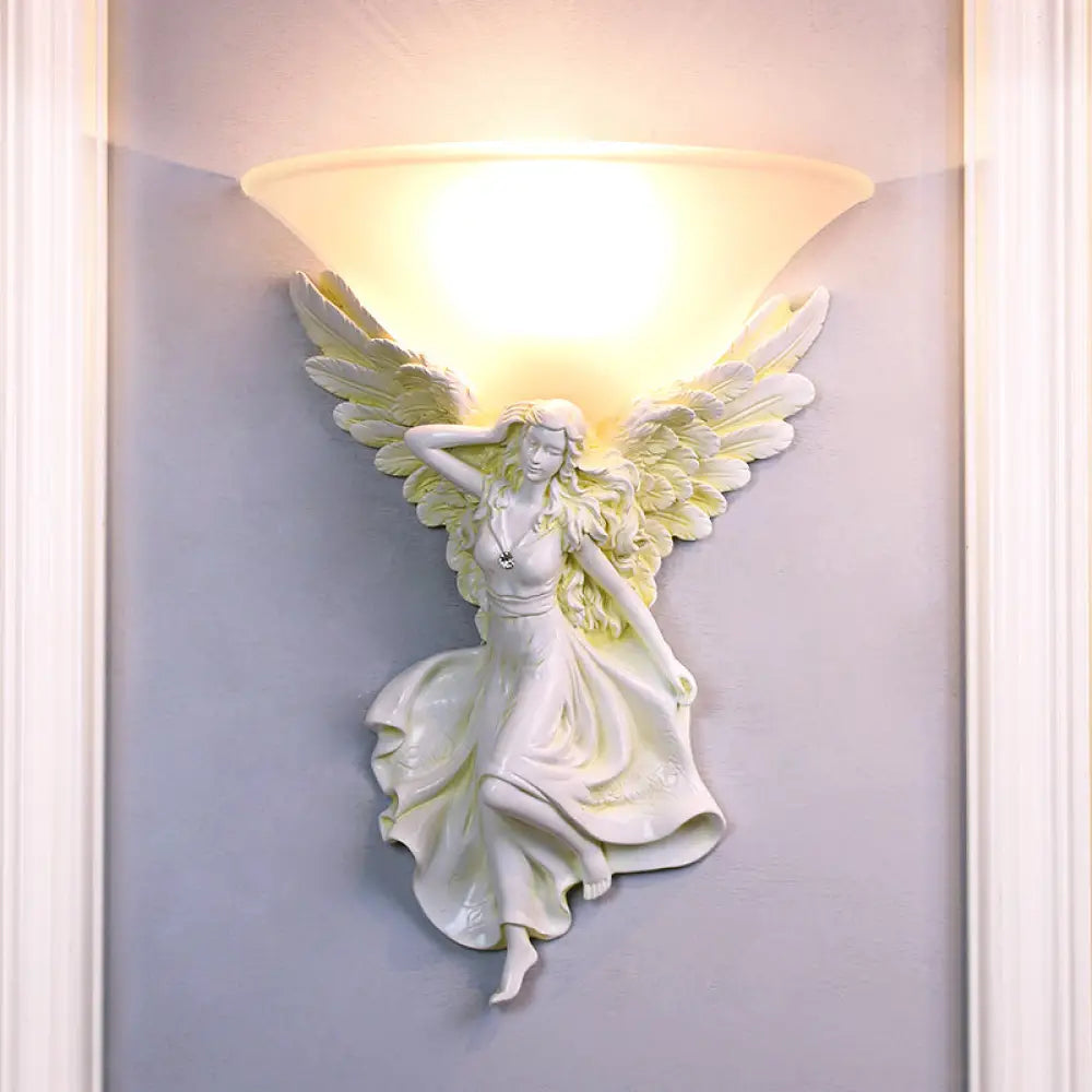 Traditional Frosted Glass Wall Sconce With Angel Backplate In White/Gold - 1 Bulb White / Right