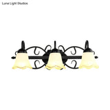 Traditional Frosted Glass Wall Sconce With Gooseneck Arm - Flower Bathroom Lighting Black 2/3-Head
