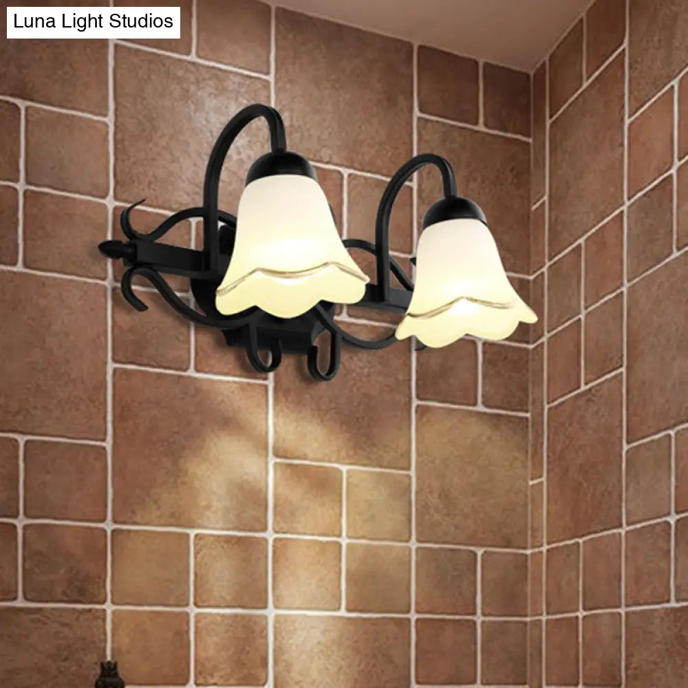 Traditional Frosted Glass Wall Sconce With Gooseneck Arm - Flower Bathroom Lighting Black 2/3-Head