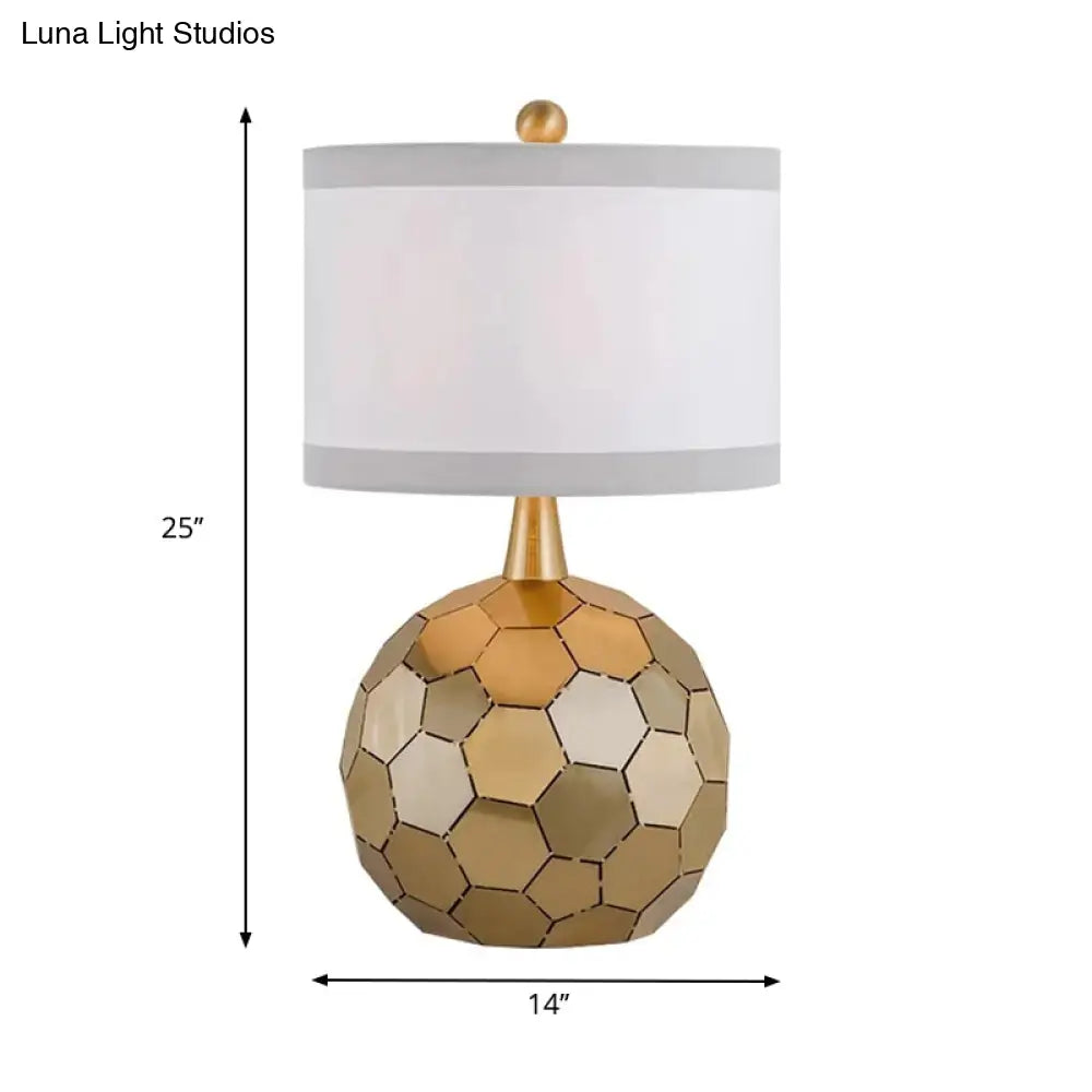 Traditional Globe Metal Desk Lamp - Brass 1-Head Reading Light With White Fabric Shade