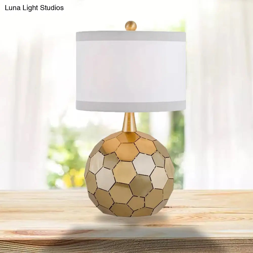 Traditional Globe Metal Desk Lamp - Brass 1-Head Reading Light With White Fabric Shade