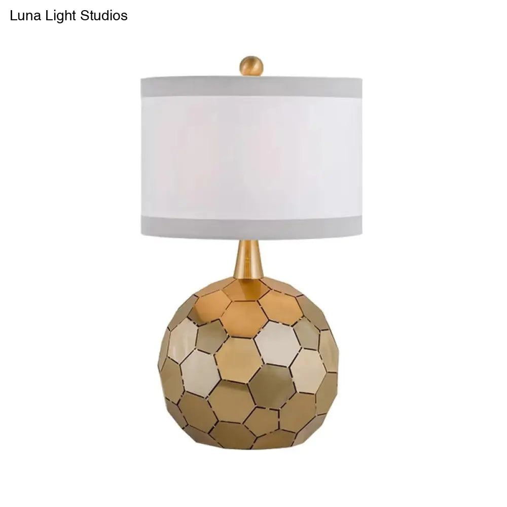 Traditional Globe Metal Desk Lamp - Brass 1-Head Reading Light With White Fabric Shade
