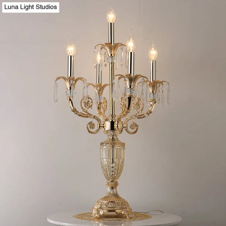 Traditional Gold Candlestick Table Lamp With Crystal Spears And Optional Fabric Bell Shade - Set Of
