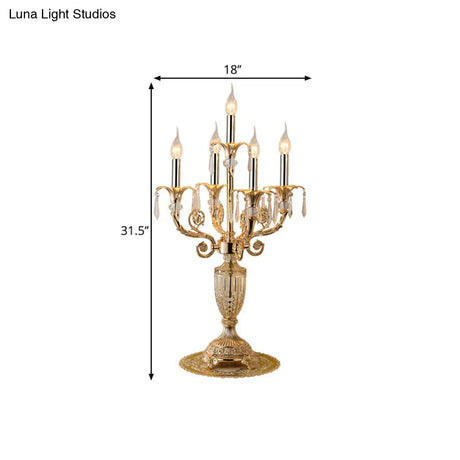 Traditional Gold Candlestick Table Lamp With Crystal Spears And Optional Fabric Bell Shade - Set Of