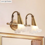 Traditional Gold Cone Vanity Lighting - White Glass 1/2/3-Head Bathroom Wall Lamp With Lettuce Trim