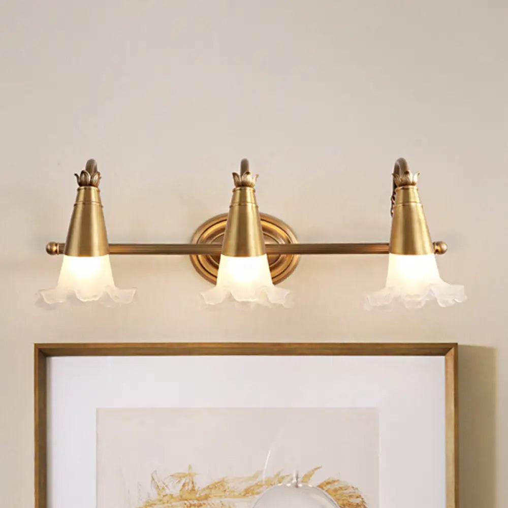 Traditional Gold Cone Vanity Lighting - White Glass 1/2/3-Head Bathroom Wall Lamp With Lettuce Trim