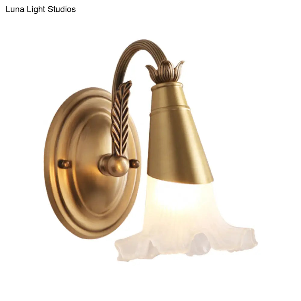 Traditional Gold Cone Vanity Lighting - White Glass 1/2/3-Head Bathroom Wall Lamp With Lettuce Trim
