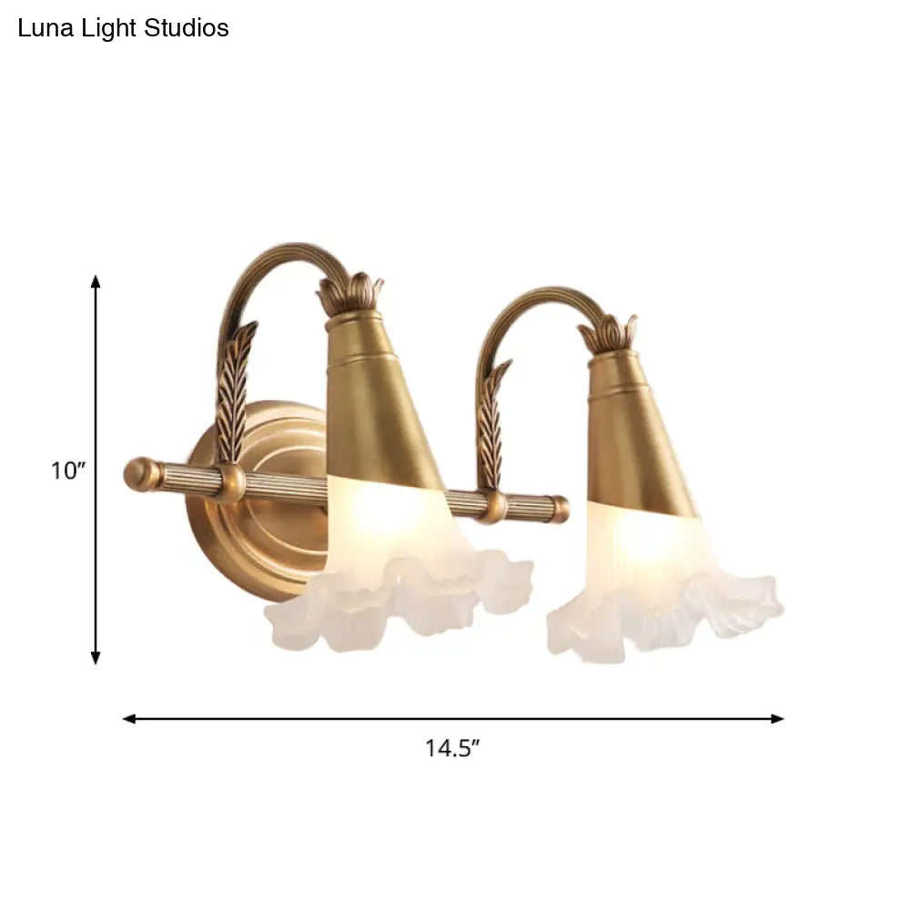 Traditional Gold Cone Vanity Lighting - White Glass 1/2/3-Head Bathroom Wall Lamp With Lettuce Trim