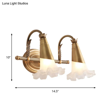 Traditional Gold Cone Vanity Lighting - White Glass 1/2/3-Head Bathroom Wall Lamp With Lettuce Trim