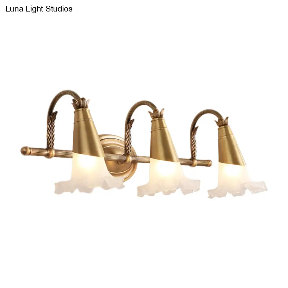 Traditional Gold Cone Vanity Lighting - White Glass 1/2/3-Head Bathroom Wall Lamp With Lettuce Trim