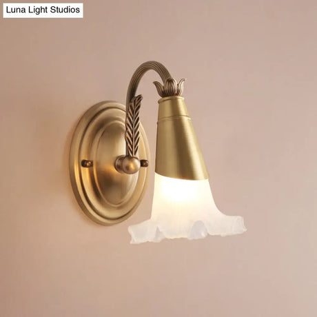 Traditional Gold Cone Vanity Lighting - White Glass 1/2/3-Head Bathroom Wall Lamp With Lettuce Trim