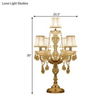 Traditional Gold Crystal Candelabra Table Lamp With White Bell Fabric Shade (5/6 Heads) Nightstand