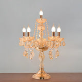 Traditional Gold Crystal Candelabra Table Lamp With White Bell Fabric Shade (5/6 Heads) Nightstand