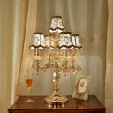 Traditional Gold Crystal Draping Table Lamp With Peony-Patterned Shade - 5 Heads Candle Nightstand