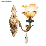 Traditional Gold Floral Shade Wall Mounted Lamp With Amber Crystal Accent - 1 Light Bedside Lighting