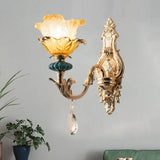 Traditional Gold Floral Shade Wall Mounted Lamp With Amber Crystal Accent - 1 Light Bedside Lighting