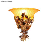 Traditional Gold Floral Wall Sconce With Flared Glass Shade For Living Room