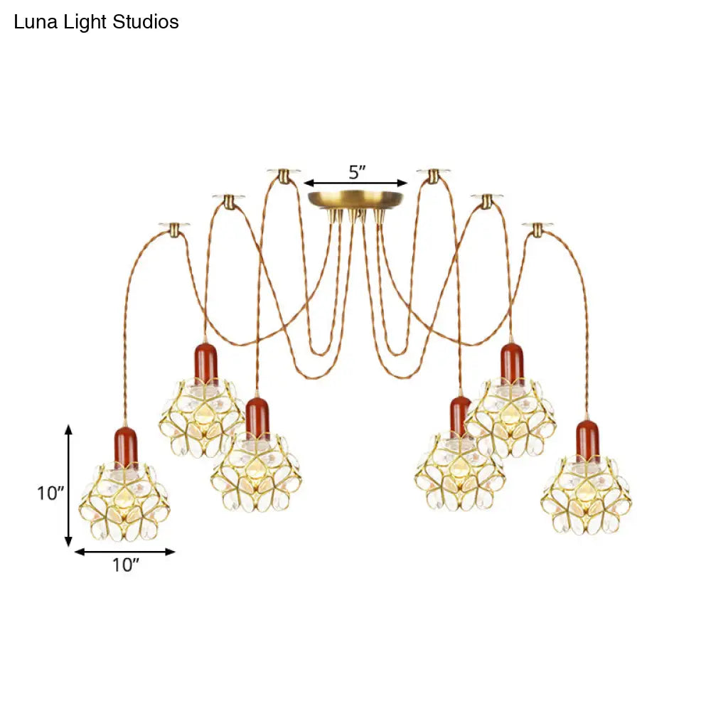 Traditional Gold Flower Bedroom Pendant Light - 2/3/4-Head Clear Water Glass Swag Lamp