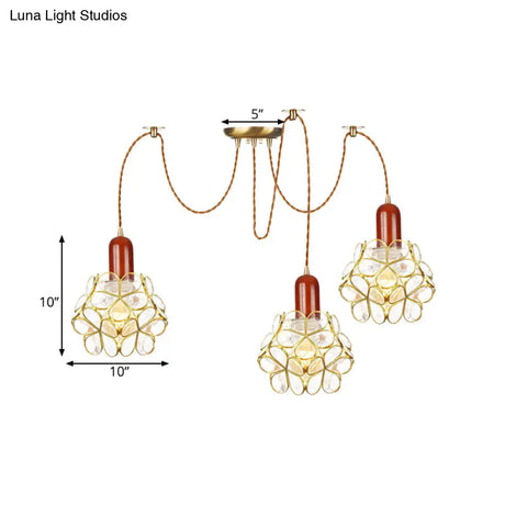 Traditional Gold Flower Bedroom Pendant Light - 2/3/4-Head Clear Water Glass Swag Lamp