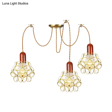 Traditional Gold Flower Bedroom Pendant Light - 2/3/4-Head Clear Water Glass Swag Lamp