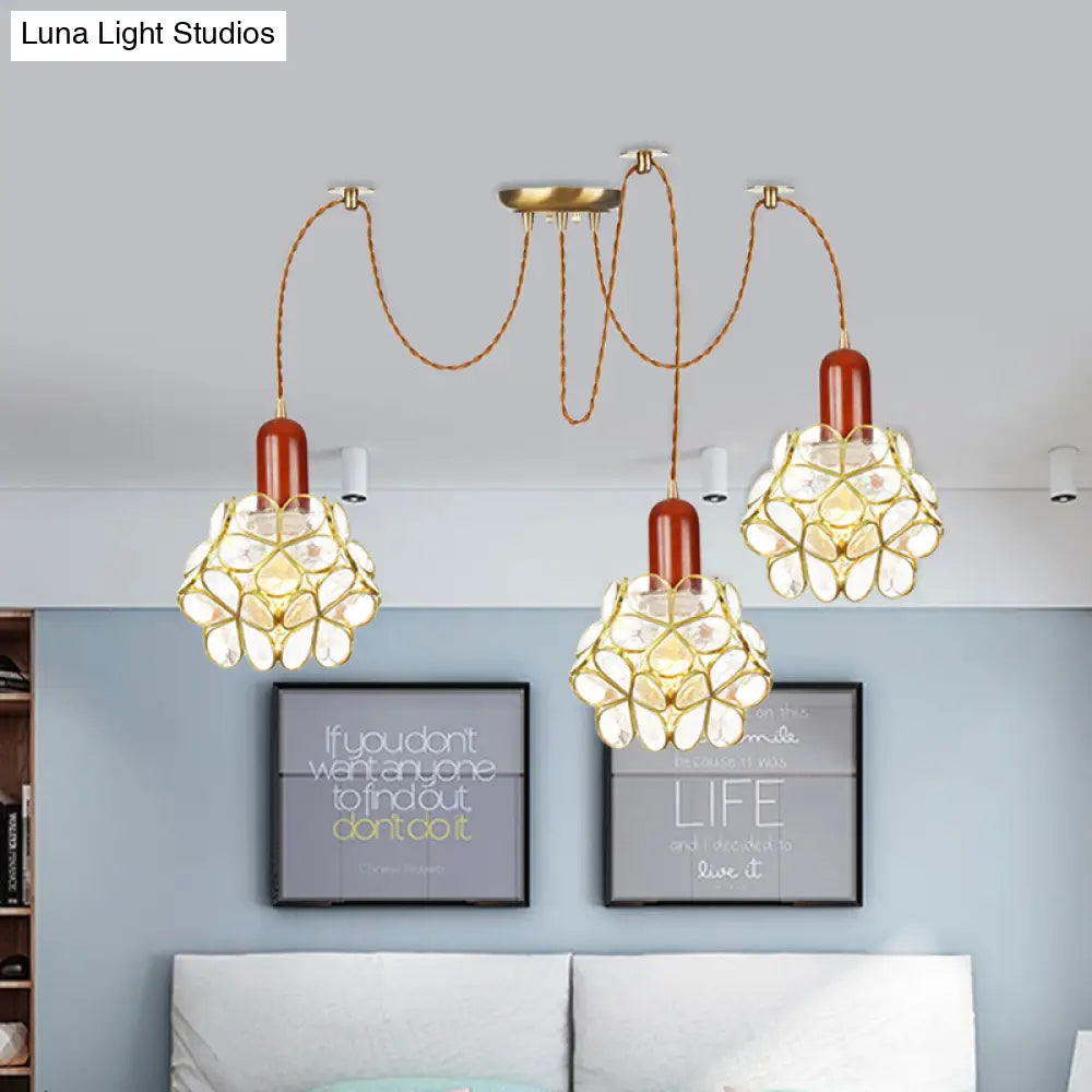 Traditional Gold Flower Bedroom Pendant Light - 2/3/4-Head Clear Water Glass Swag Lamp