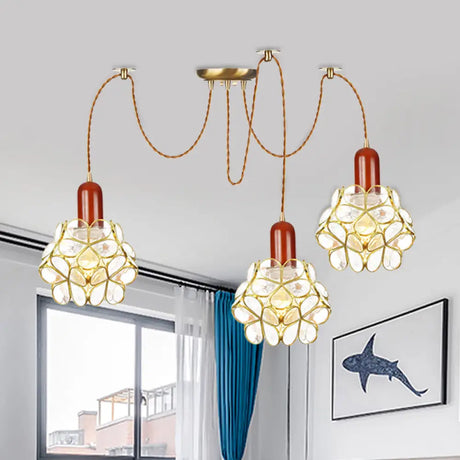 Traditional Gold Flower Bedroom Pendant Light - 2/3/4-Head Clear Water Glass Swag Lamp 3 /