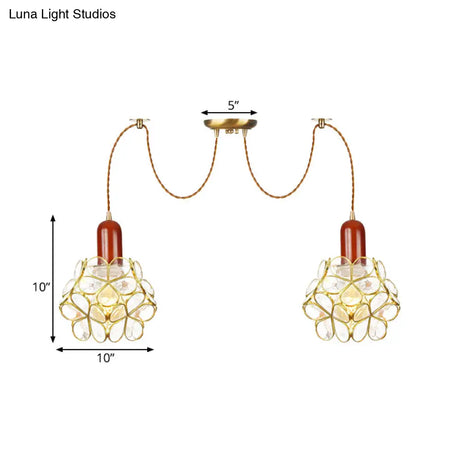Traditional Gold Flower Bedroom Pendant Light - 2/3/4-Head Clear Water Glass Swag Lamp