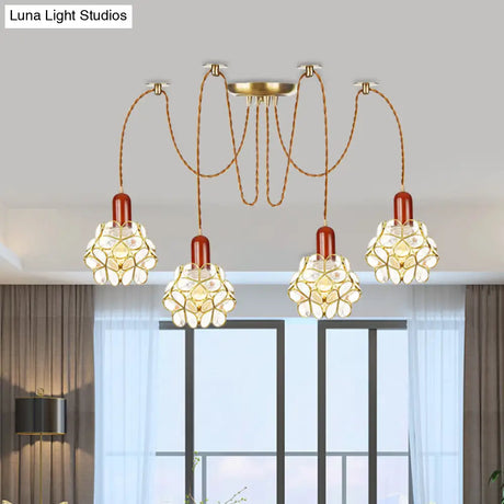 Traditional Gold Flower Bedroom Pendant Light - 2/3/4-Head Clear Water Glass Swag Lamp