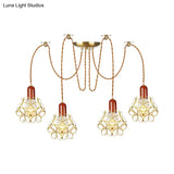 Traditional Gold Flower Bedroom Pendant Light - 2/3/4-Head Clear Water Glass Swag Lamp
