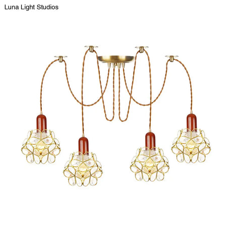 Traditional Gold Flower Bedroom Pendant Light - 2/3/4-Head Clear Water Glass Swag Lamp