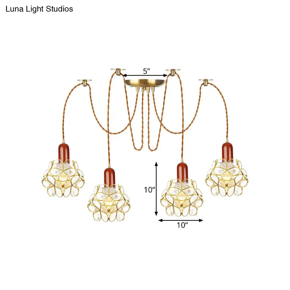Traditional Gold Flower Bedroom Pendant Light - 2/3/4-Head Clear Water Glass Swag Lamp