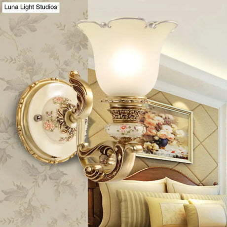 Traditional Gold Flower Shade Wall Sconce Light With Frosted Glass - Perfect For Dining Room