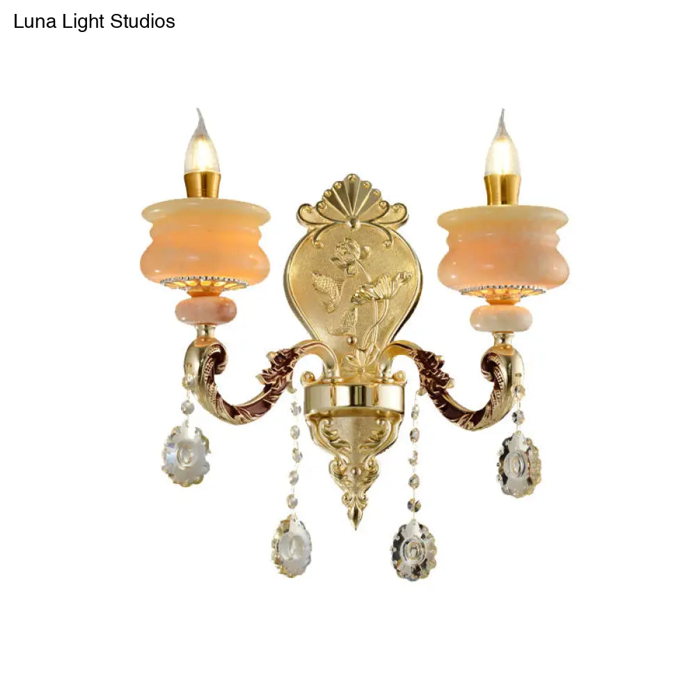 Traditional Gold Jade Candelabra Wall Lamp With Crystal Drop - Mounted Light Fixture